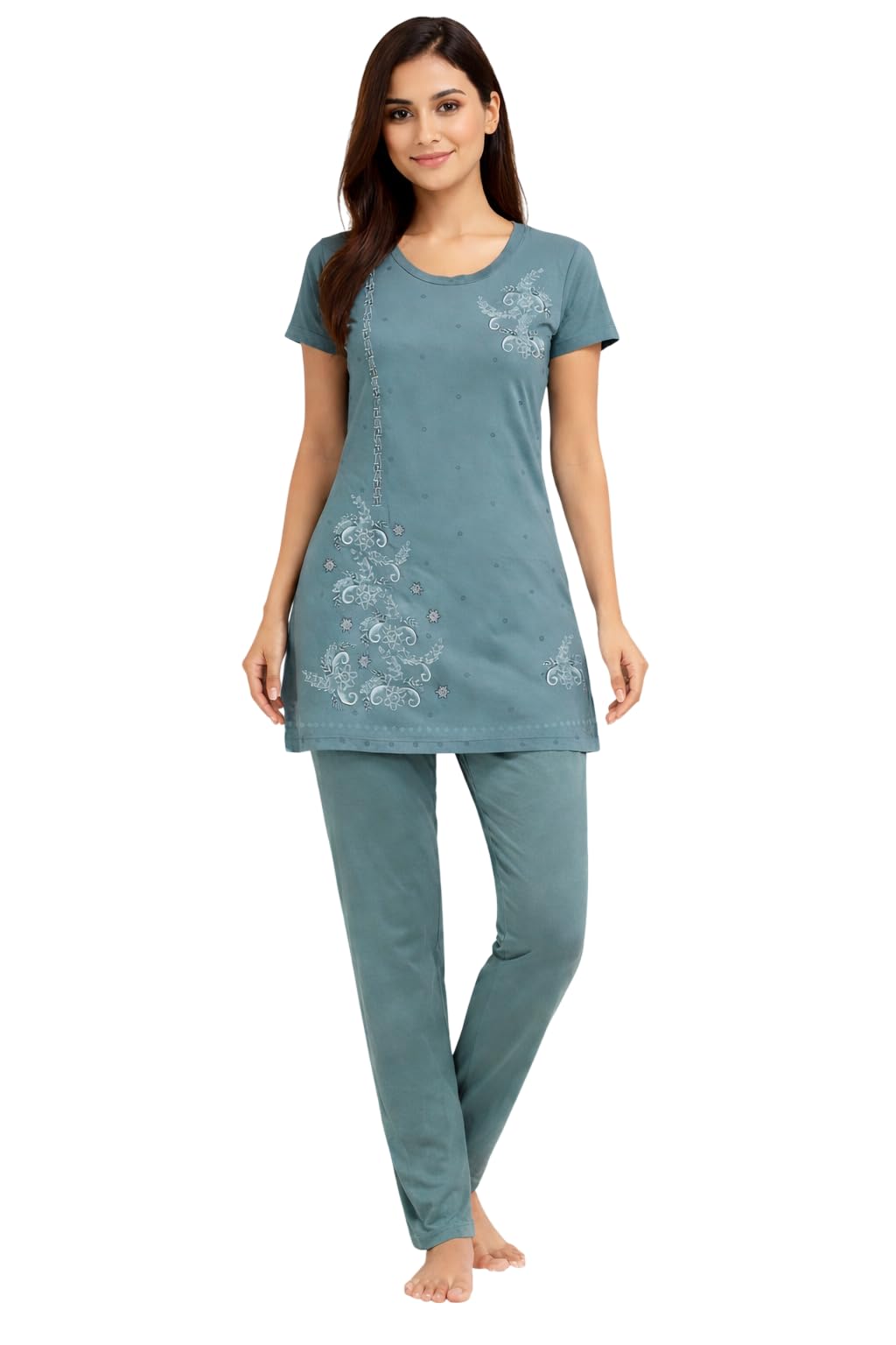lady's zone Summer Casual Round Neck Half Sleeve Cottonblend Printed Nightsuit For Women's | Soft & Comfortable Top & Pyjama Set (Olive)-picture-21