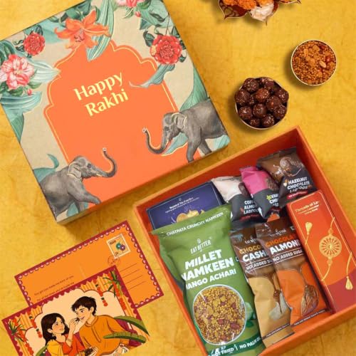 Image of Rakhi Gift Hamper for Bhayia & Bhabhi - 12-Item Combo with Evil Eye Rakhi & Bracelet, Dry-fruit Chocolate Laddoos, Cashews & Almonds, Millet Namkeen & Roli Chawal | Raksha Bandhan Gift Box