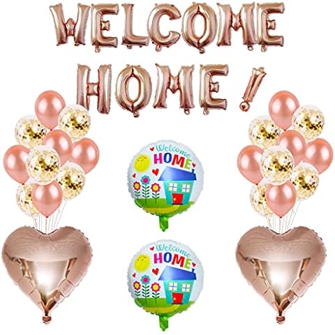 Welcome Home,Welcome Home Letter Balloon Banner,Letter Balloon Banner Bunting Triangular Bunting Happy New Home with Heart and Star Sequin Balloons and for Home Coming,Home Family Party Supplies Cover