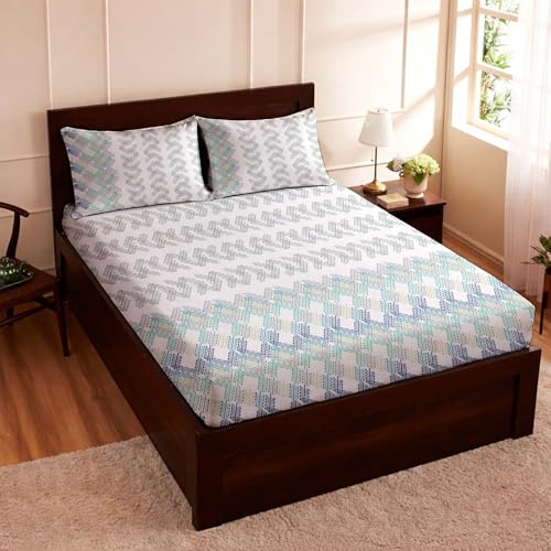 Image of Raymond Bedsheet 100% Cotton Bedsheets 200 TC for Double Bed King Size (108 x108 Inch) with 2 Large Size Pillow Covers | Soft and Breathable | Wrinkle-Free | Premium Printed Blue Leaf
