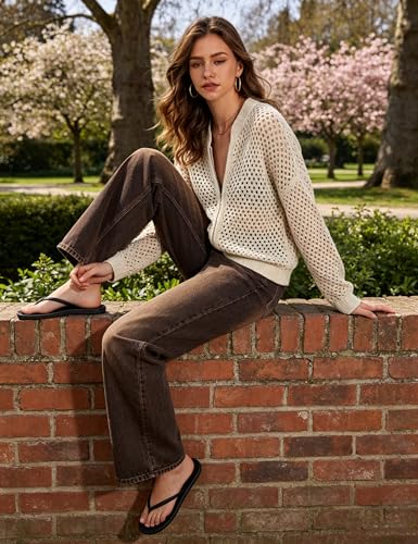 Image of HOCANDY Womens Zip Up Crochet Cardigan Sweater Oversized Long Sleeve Hollow Out Knit Bomber Jacket Fishnet Sweaters