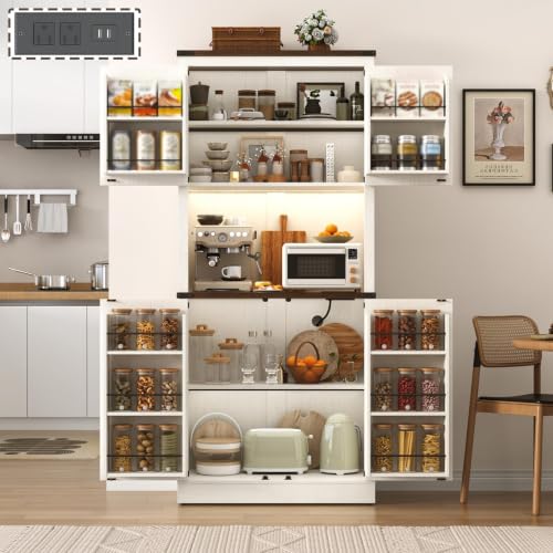 Image of 72 inch Tall Farmhouse Kitchen Pantry Cabinet with LED Light and Power Outlet,Modern Farmhouse Kitchen Storage Cabinet w Load-Bearing Steel Pipe,Barn Doors, Organizer,Food Pantry Cabinets(2PC White)