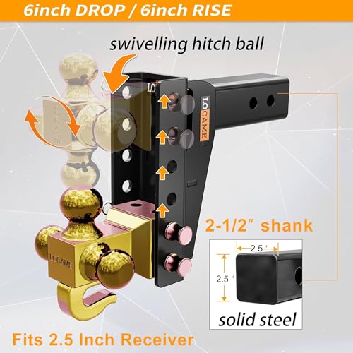 LOCAME Adjustable Trailer Hitch with Hook, Tri-Ball (1-7/8", 2", 2-5/16"), Fits 2.5-Inch Receiver, 6 Inch Drop/Rise Cushion Drop Hitch,16500 LBS GTW-Tow Hitch for Heavy Duty Truck, Solid Ball Mount - Thumbnail 3