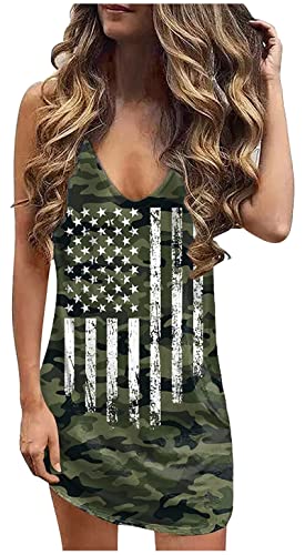 Image of CHUNTIANRAN American Flag Star Striped Tank Mini Dress for Women Summer V Neck Dresses July 4th USA Flag T Shirts Dress(Camouflage-4,Small)