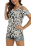 NILOUFO Womens Summer Casual Shirts Short Sleeve Cold Shoulder Tops Blouses Tunics(C:Leopard Rust Red, X-Large)