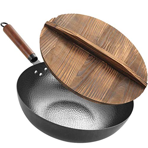Wok de hierro fundido con mango de madera y tapa