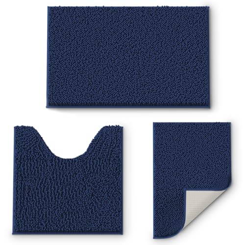 RUN HELIX changce Bathroom Rugs Sets 3 Piece, Extra Soft Absorbent Chenille Bath Rugs, Non Slip Rubber Backing Machine Washable Quick Dry Bath Mats for Bathroom Floor, Tub, Shower, Home Decor Accessories, Nav