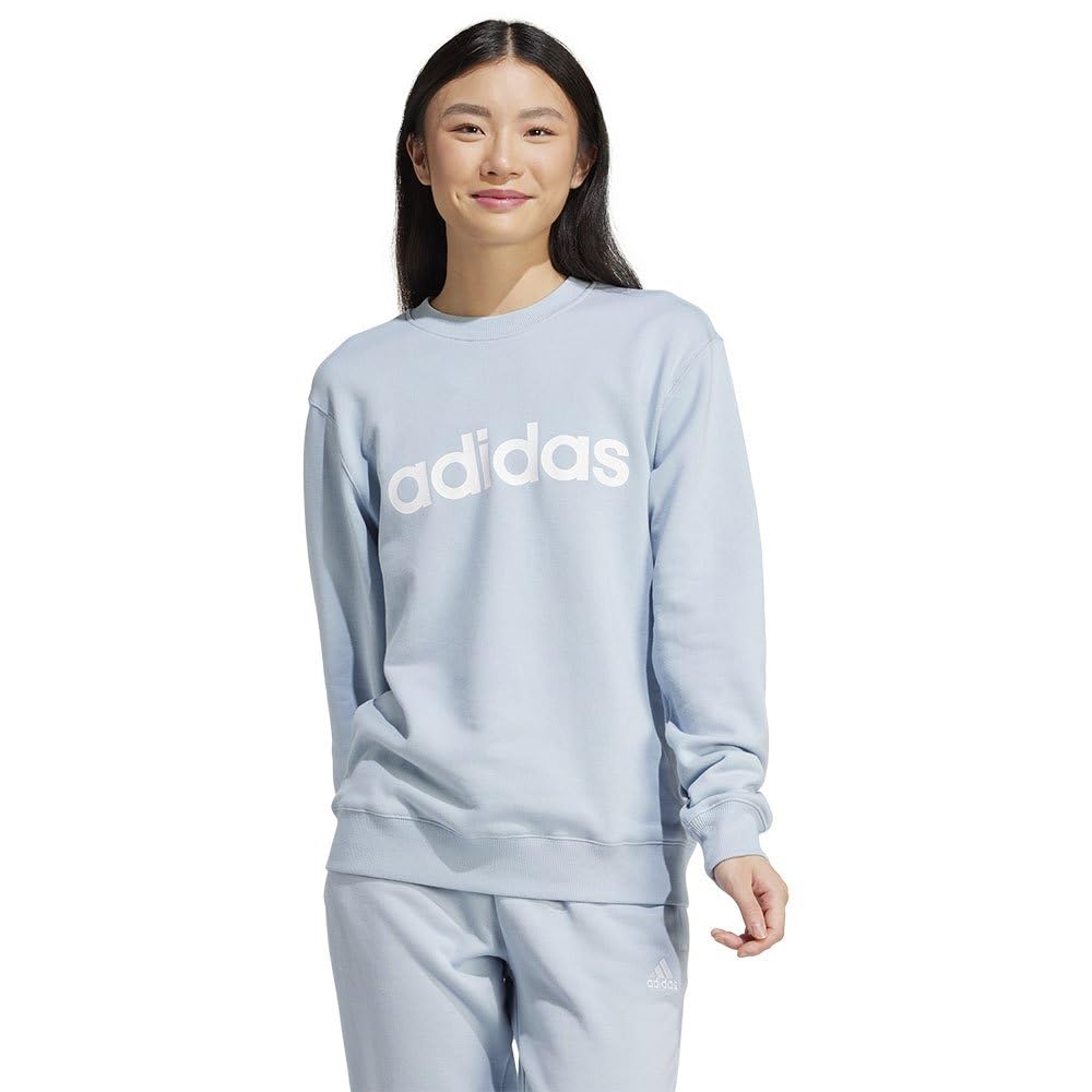adidas Women's Essentials Linear French Terry Sweatshirt, wonder blue/white, XS