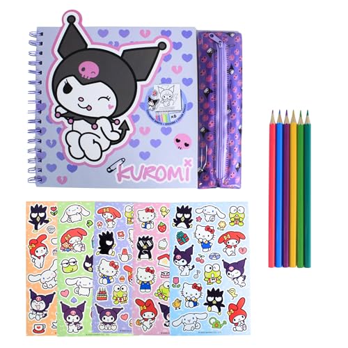 Hello Kitty Kuromi Juego de Papelería, Incluye Cuaderno, Hojas para Colorear, Pegatinas y Lápices de Colores. Regalo Ideal para Niñas