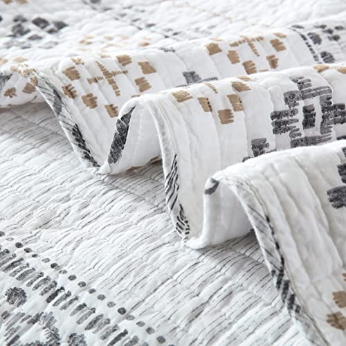 Sahsahcasa Quilt Queen Size, Queen Quilt Set, 100% Cotton Boho Quilt, Queen Quilt Bedding Set Bedspreads, Bohemian Reversible Lightweight Striped Quilts Bedspread For All Season, White/Grey, 3-Piece #TOP4