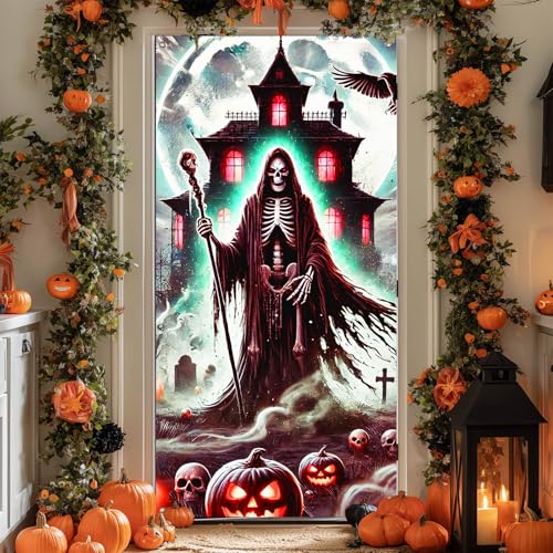 Image of BlissYard Halloween Entryway Banner Grim Reaper 35x71 Inch Polyester | Door Banner, Wall Decor | Skeleton Entry Accent, Grim Reaper Backdrop | Porch, Hallway, Party (Gothic Art)