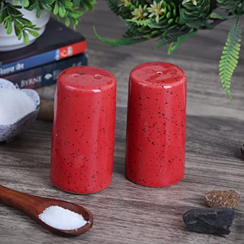 Image of QIMACPLUS Handcrafted Ceramic Salt and Pepper Shaker Set | Perfect Pour Holes for Kitchen, Dining Table, Picnic, Office, Restaurant, and Hotel | Set of 2 (Red Matt)