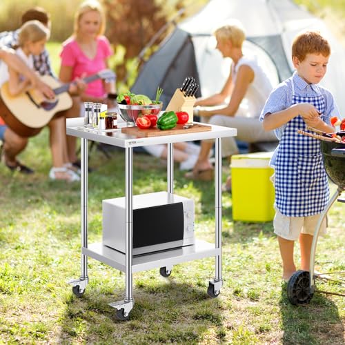 VEVOR Edelstahl-Arbeitstisch, kommerzieller Lebensmittelzubereitungs-Arbeitstisch mit Rollen, Vorbereitungsarbeitstisch, Arbeitstisch mit einstellbarer Höhe für Restaurant, Hotel 610 x 762 x 1005,6 mm