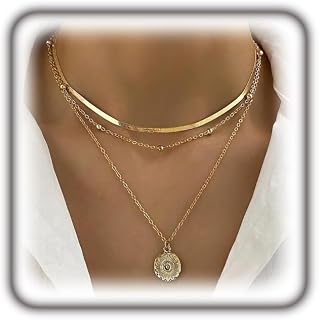 Layered Gold Plated Hammered Coin Pendant Necklace for Women,Stackable Herringbone Choker Necklaces Formal Banquet Trendy Jewelry Accessories Gift
