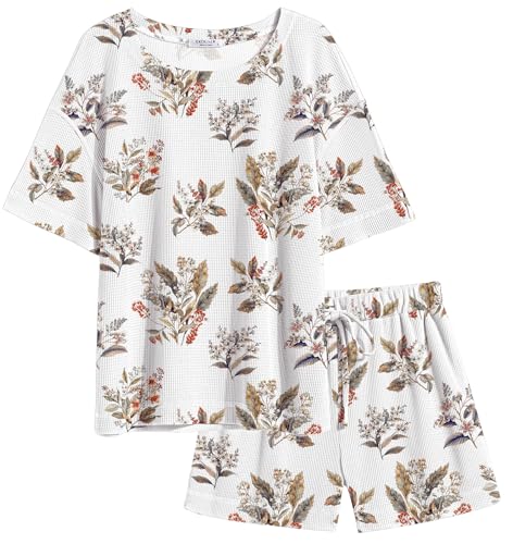 Image of Ekouaer Women's Waffle Knit Two Piece Lounge Set, Soft Matching Outfits for Daily Wear, Casual Shorts Set with Pocket