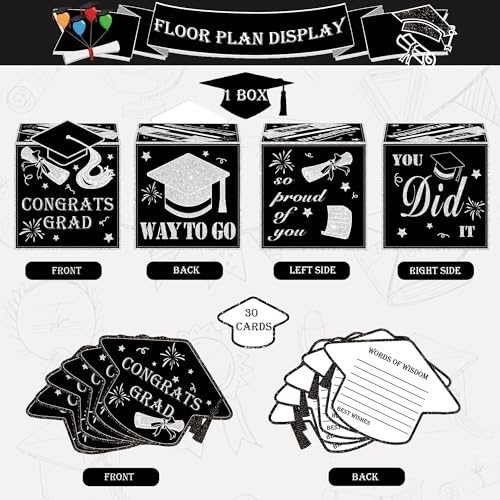 Image of AYGXU graduation card box Holder 2026 with 30pcs graduation cards,Graduation party Decorations,graduation box for gifts and Cards,graduation money box,Graduation Party Supplies-black card box