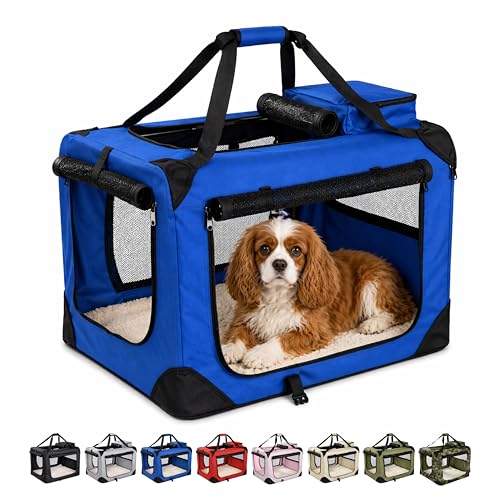 Floofy Friends Pet Carrier Bag, Large Cat Carrier Puppy Dog Carrier for Small Dogs Cats Kittens Rabbits With Reversible Fleece Mat, Foldable Travel Crate for Car - Blue