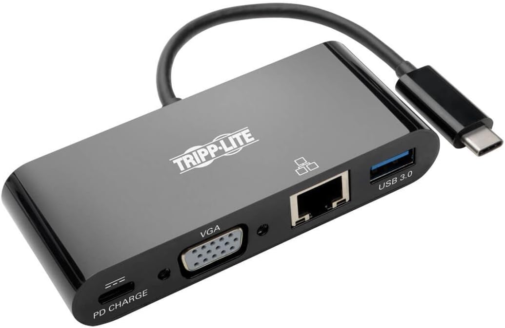 Tripp Lite USB C to VGA Multiport Adapter Converter Docking Station w/ USB-A Hub, USB-C PD Charging, Gigabit Ethernet USB Type C 1080p Black (U444-06N-VGUB-C)