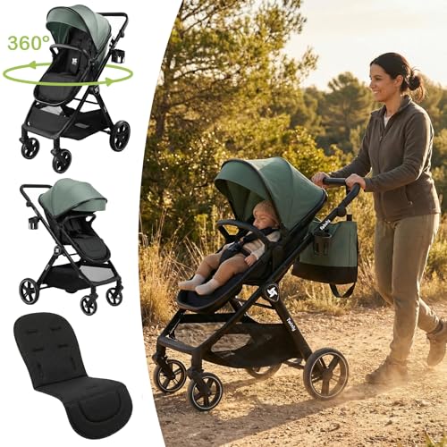 Twinly Carrito de Bebe 3 en 1 – Carro Bebe 3 Piezas Convertible con Grupo 0 (i-Size), Capazo y Silla de Paseo – FABULY – Plegable y Ligero con Bolso, Plástico Lluvia y saco – (Verde) - imagen 3