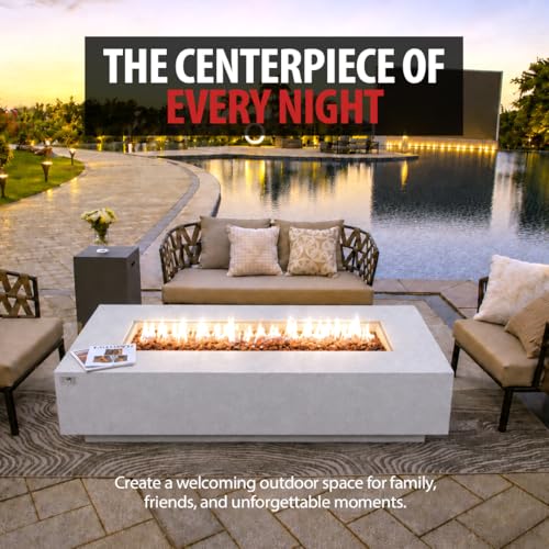 Image of AMS Creations | Savanah 72 inch Bundle Rectangular Cast Concrete Propane Gas Fire Pit Table | Cream White | Smooth Texture Surface | Electronic Ignition | Outdoor Patio Heater Outside Backyard Fireplace
