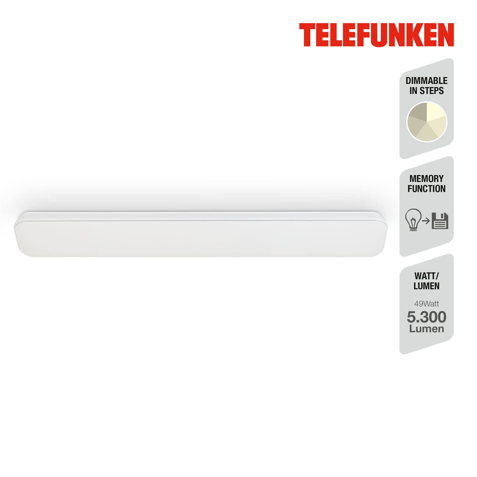 Telefunken - Lampa sufitowa LED, ściemniana, lampa sufitowa LED, do kuchni, warsztatu, ściemniana za pomocą przełącznika ściennego, neutralne białe światło, 49 W, 5300 lm, biała
