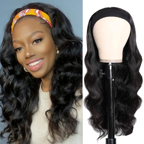 XSY Headband Wig Human Hair Body Wave Headband Wigs for Black Women Brazilian Glueless None Lace Front Wigs Wear and Go Half Wigs 150% Density Natural Color 20 Inch