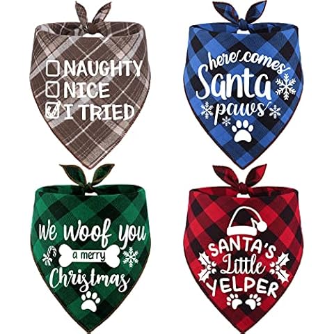 4 Pack Christmas Dog Scarves - Plaid Triangle Bandanas for Small to Large Dogs and Cats - Holiday Pet Accessories Gift Set Cover