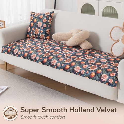 Image of HOKIPO 'Nature Muse' Premium HD Printed Holland Velvet Sofa Cover Mat for 1 /2 /3 Seater & L-Shape Sofa. Make Your Own Sofa Cover Set, Mat 70(D) x 150(L) cm, Nocturne Rose (IN-916-D2)