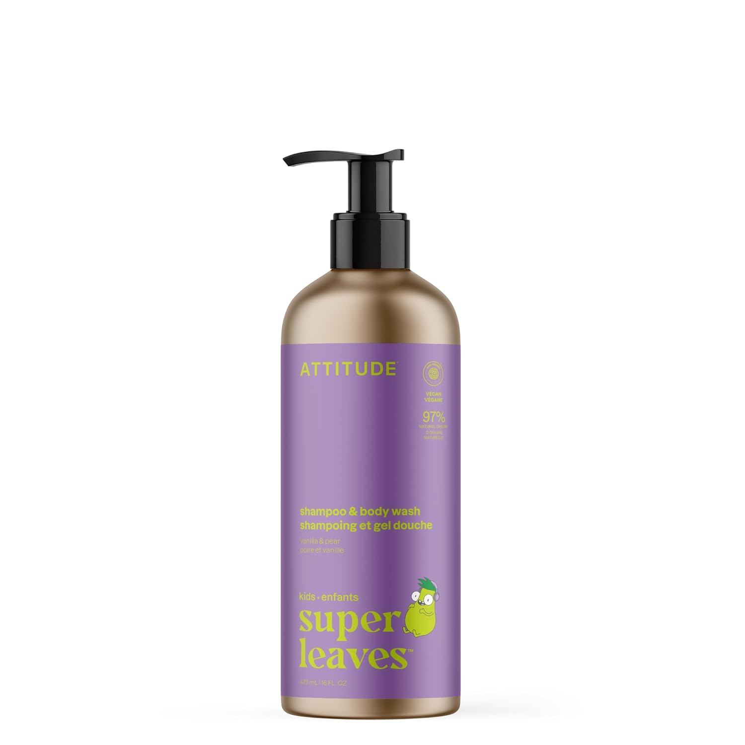 ATTITUDE Shampoo and Body Wash for Kids, EWG Verified Hair and Body Cleanser, Dermatologically Tested Soap, Plant and Mineral Based Bath Products, Vegan, Refillable Bottle, Vanilla and Pear, 16 Fl Oz Vanilla & Pear 16 Fl Oz (Pack of 1)
