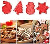 El juego de moldes de galletas incluye: Papá Noel (5 cm x 4,5 cm), copos de nieve (5,5 cm x 5,5 cm), muñeco de nieve (5,3 cm x 3,5 cm) y árbol de Navidad (6,5 cm x 4 cm).