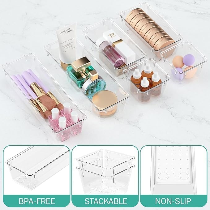 Image of 6-Piece Clear Desk Drawer Organizer Trays Set, Unbreakable Plastic Storage Containers, Bins, Bathroom Drawer Tray, Multi-Size Dividers for Office and Home Organization, 6-Piece Set