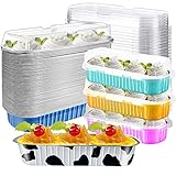 JOYKLE Mini Cake Pans with Lids,Mini Loaf Baking Pans,Aluminum Foil Long Baking Cups,50 Pack Mini Lo