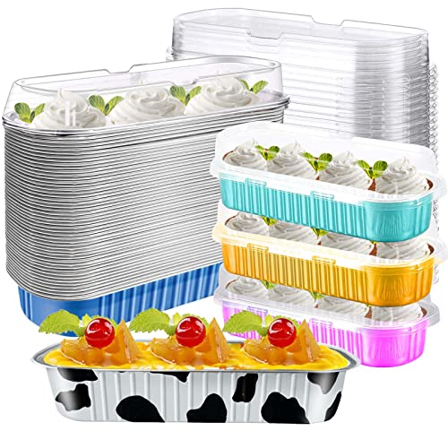 Joykle Mini Cake Pans With Lids,Mini Loaf Baking Pans,Aluminum Foil Long Baking Cups,50 Pack Mini Loaf Pans And Lids Covers,Disposable Foil Cupcake Liners For Brownie Cake Bread Loaf Muffin (Multi) #TOP9