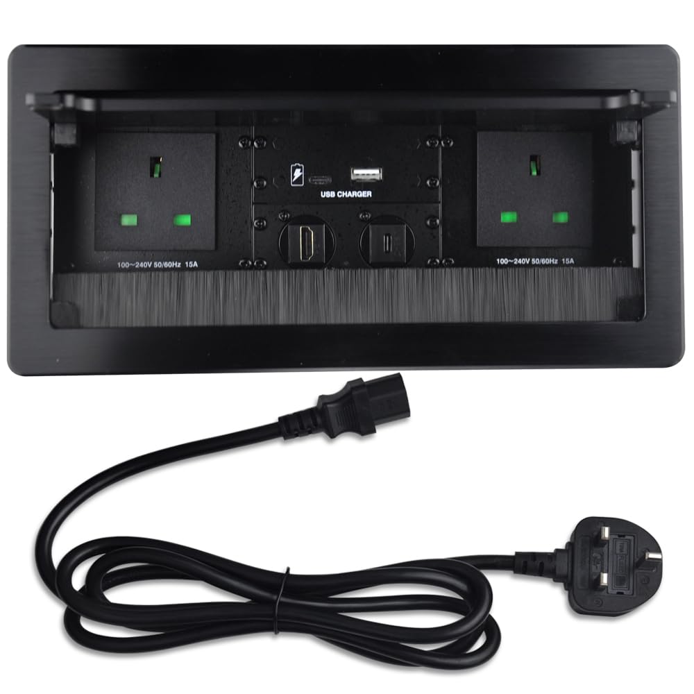 Table Power Socket Tabletop Multimedia Connectivity Box with 2* Power Socket +1* USB-A +C Charger+1 HDMI+1 USB-C Ports with 5.58ft Power Cord for Conference Room (black)