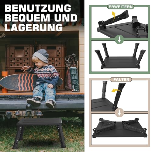 XARILK Aluminium Klappstufe Trittstufe,300KG belastbar, 3-stufige höhenverstellbarer Tritthocker, Breite Anti-Rutsch Fläche,Für Wohnmobile, Garten & Hundetreppe,Leicht & klappbar(Schwarz)