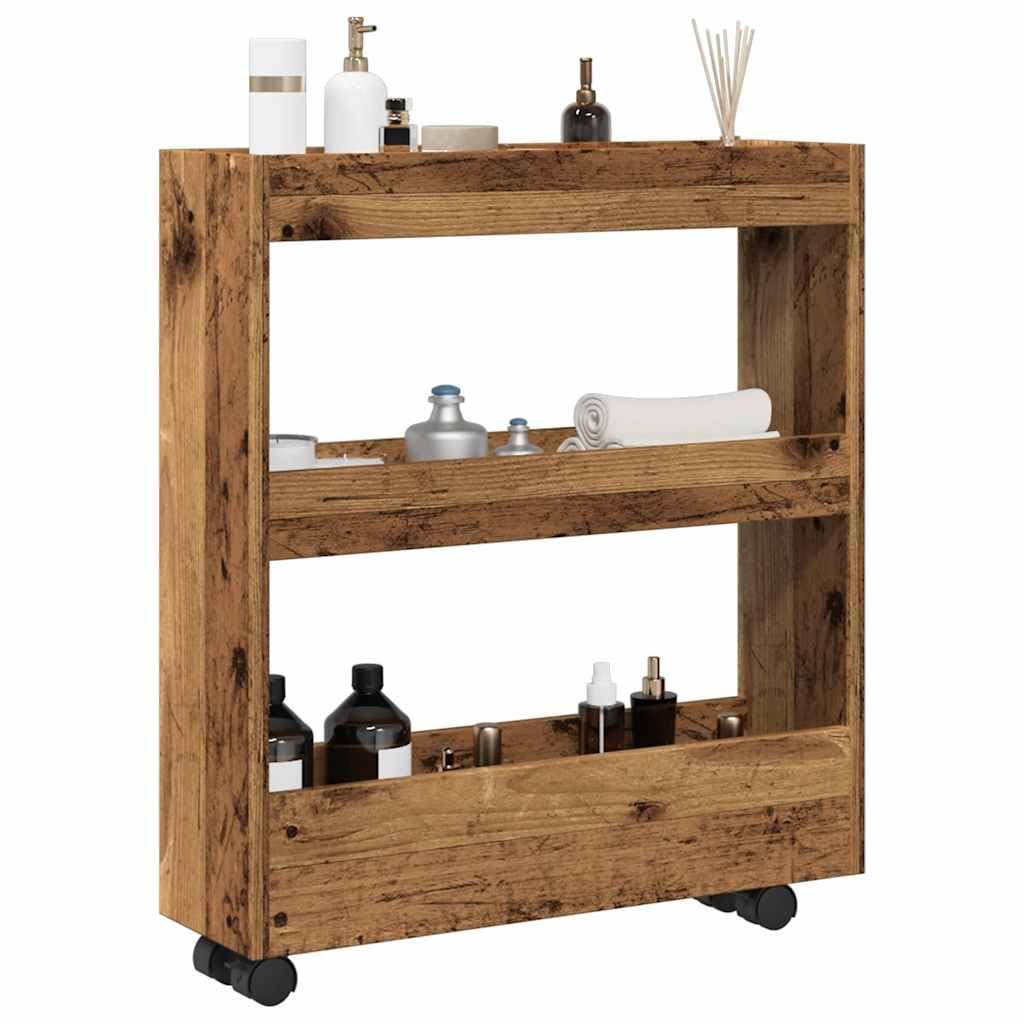 Carrello portaoggetti sottile con 3 ripiani in effetto legno anticato, molto spazio per oggetti di uso quotidiano, carrello con ruote girevoli e due ruote bloccabili