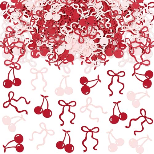 Image of 200Pcs Double-sided Pink Bows & Red Cherry Confetti Cherry Fruit Table Confetti Bow Table Decorations for Baby Shower Girls Birthday Engagement Bachelorette Party Decoration Party Confetti Supplies