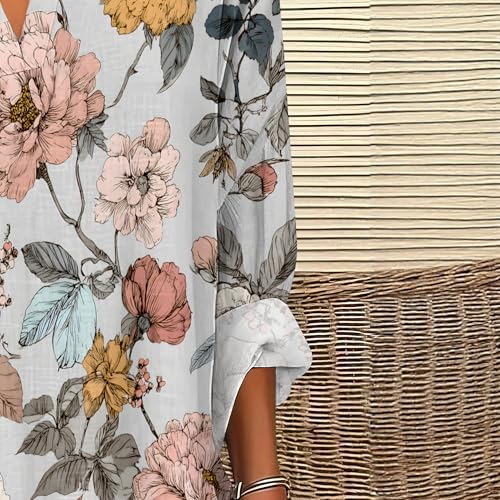 Plus Size Boho Tops for Women Roll Up Long Sleeve V Neck Loose Fit Blouses Casual Floral Print Soft Flowy Spring Tees4