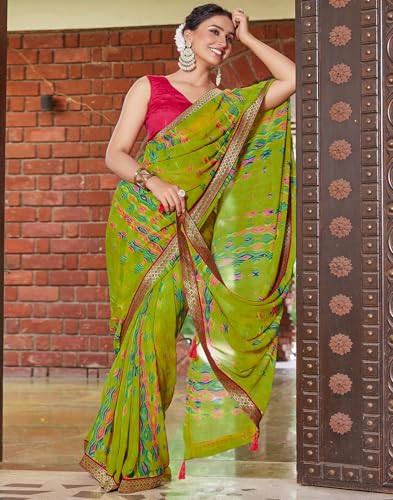 Image of SIRIL Women's Printed Chiffon Saree with Unstitched Blouse Piece