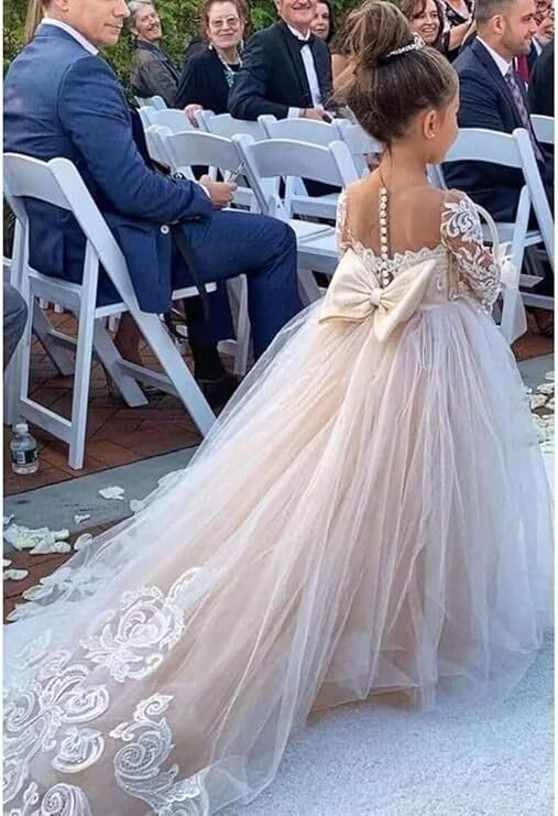 Long Sleeve Flower Girl Dress with Bow Lace Appliques First Communion Dress for Girls Princess Pageant Dress Ball Gown(Ivory,11)