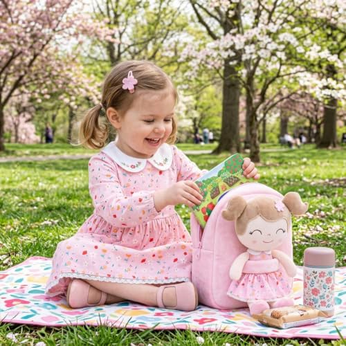 Image of Gloveleya Kids Backpacks Girls Backpack Plush Bags Diaper Bag Backpack with Floral Doll Pink
