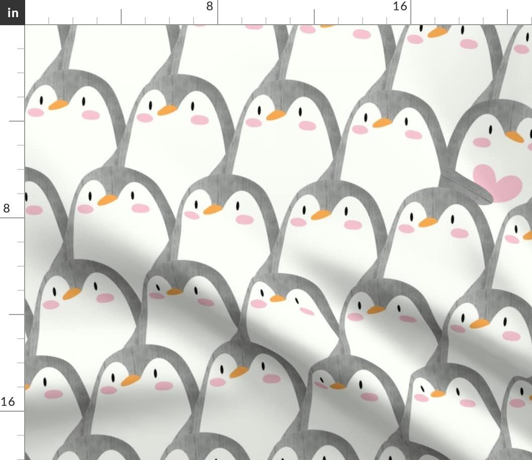 Spoonflower Fabric - Penguin Watercolor Whimsical Cute Gray Cream Pink Heart Love Valentine Printed on Petal Signature Cotton Fabric by The Yard - Sewing Quilting Apparel Crafts Decor