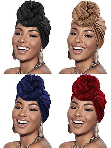 4 Pieces Head Scarf Turban Long Hair Head Wrap Scarf Soft Stretch Headwrap Headband Solid Color Turban Tie (Black, Khaki, Blue, Red)