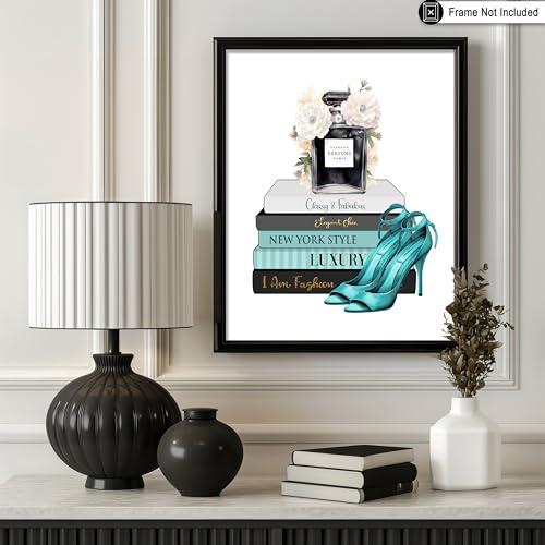 Image of Poster Master Fashion Print - Blue Designer Poster - Shoes & Perfume Art - Chic Gift for Her & Fashionista - Luxury Haute Couture Decor for Bedroom or Girl's Room - 18x24 Unframed Wall Art