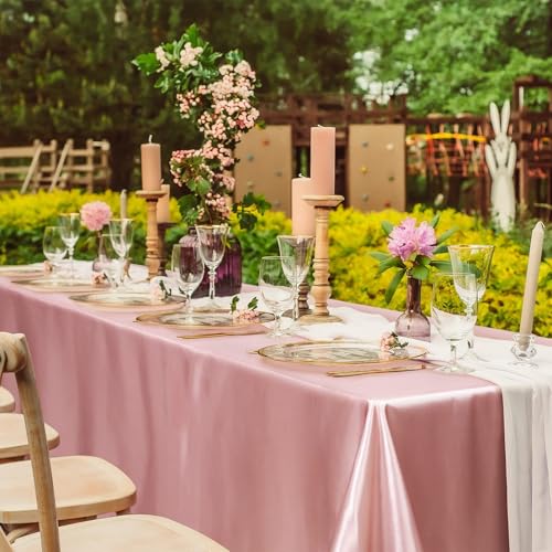 Image of TURSTIN 4 Pack Rose Gold Satin Tablecloth 102 x 58 Inch Overlay Table Cover