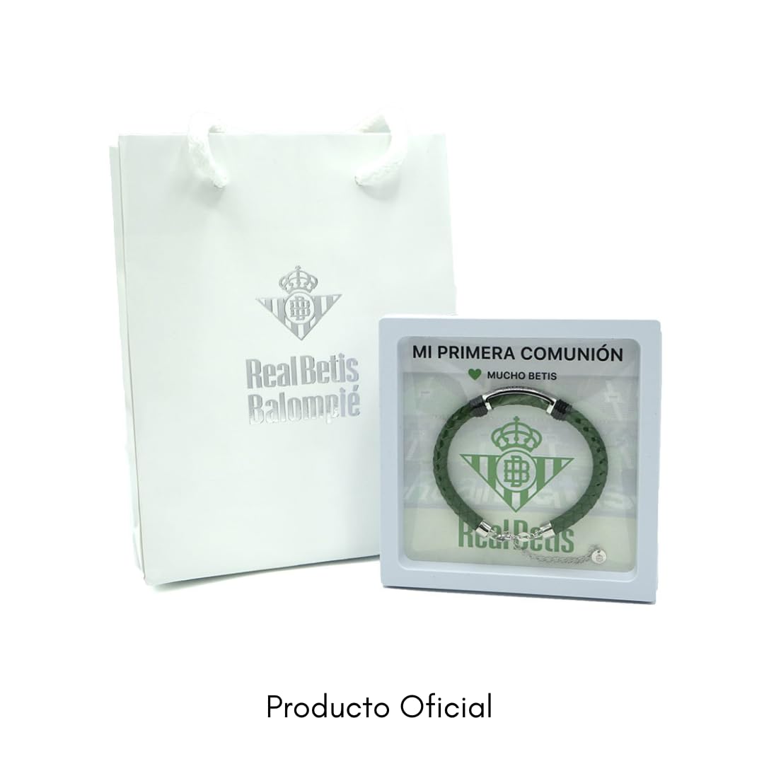 Pulsera Oficial Real Betis en cuero y acero. Placa lisa con Tarjeta