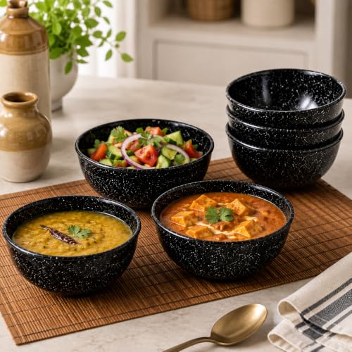 Image of Melvio By Malti Black Granite 6 Piece Bowl | Melamine Dinnerware Set, Premium Dinner Set Crockery Plates Bowls Tableware for Home Dining Kitchen