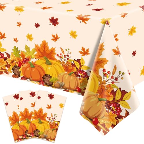 3-Piece 54 x 108 Inch Fall Harvest Plastic Tablecloth - Autumn Maple Leaves Disposable Rectangle Table Cover for Thanksgiving Day Parties Dinners and Celebrations Indoor Outdoor Table Decorations