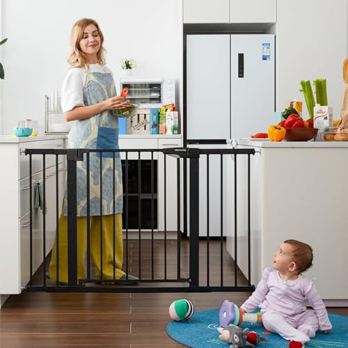 Mumeasy 29.7-51" Extra Wide Baby & Dog Safety Gate for Stairs & Doorways | Pressure/Hardware Mount Child & Pet Gate, Auto Close Easy Access Walk Thru Door for House, Hallway, Indoor & Outdoor, Black - Image 7