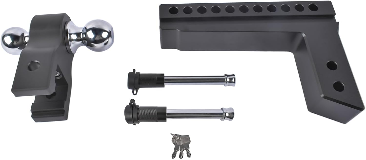 Black Adjustable Trailer Hitch Fits 2.5" Receiver | 10" Drop/Rise Heavy Duty Aluminum Drop Hitch | 18500 LBS GTW Tow Hitch | 2" & 2-5/16" Tow Balls Equipped with 2 Latches with Locks